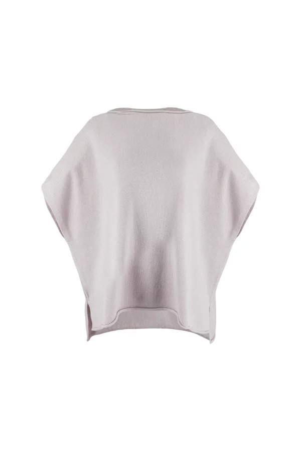 dropped sleeve cashmere blend knit gilet with curved hem front view in orchid ice colour