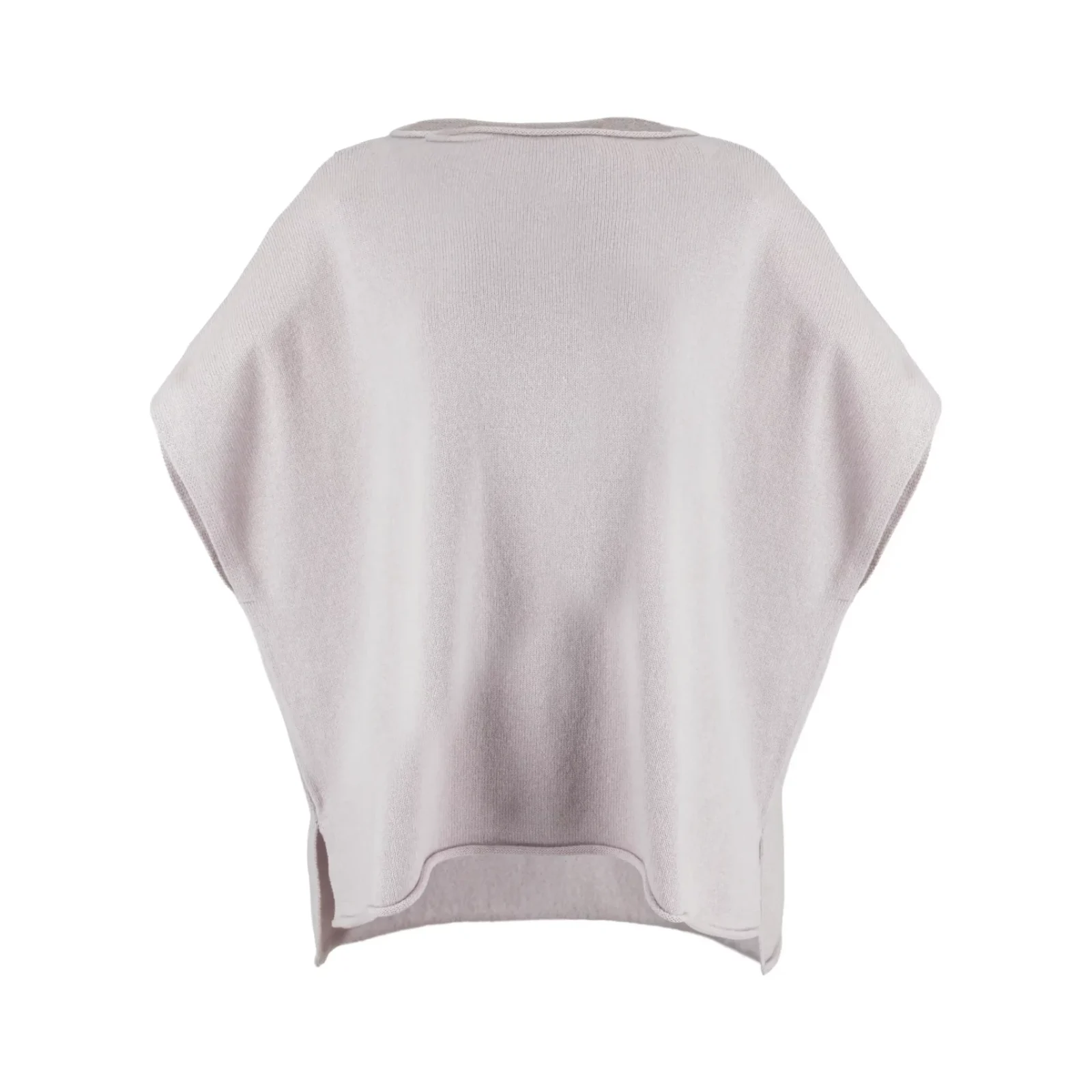 Rumi-dropped-sleeve-gilet-orchid-ice-front - Ochre Knitwear dropped sleeve cashmere blend knit gilet with curved hem front view in orchid ice colour