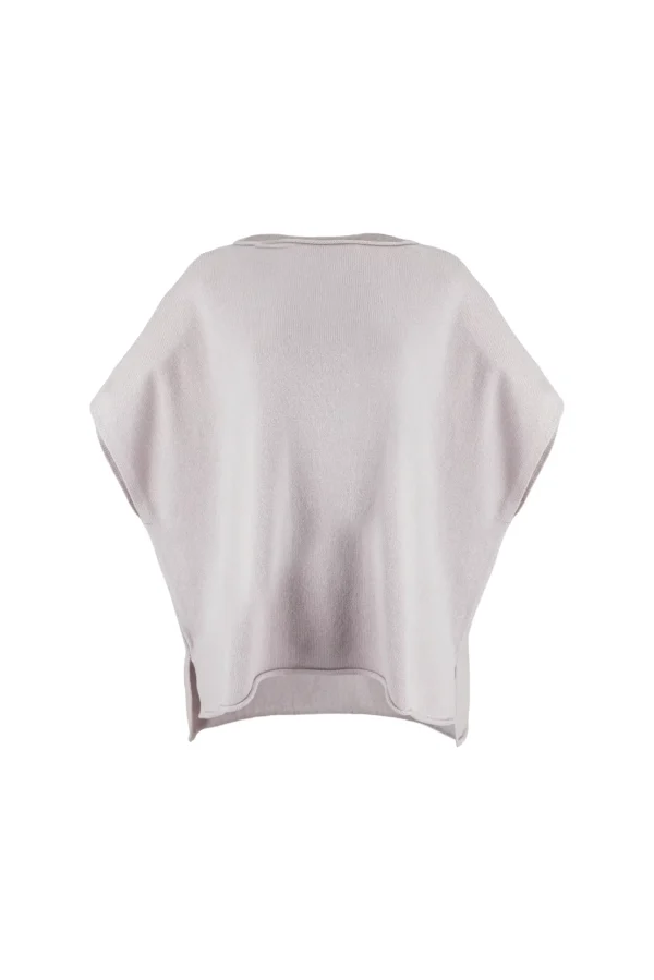 Rumi-dropped-sleeve-gilet-orchid-ice-front - Ochre Knitwear dropped sleeve cashmere blend knit gilet with curved hem front view in orchid ice colour