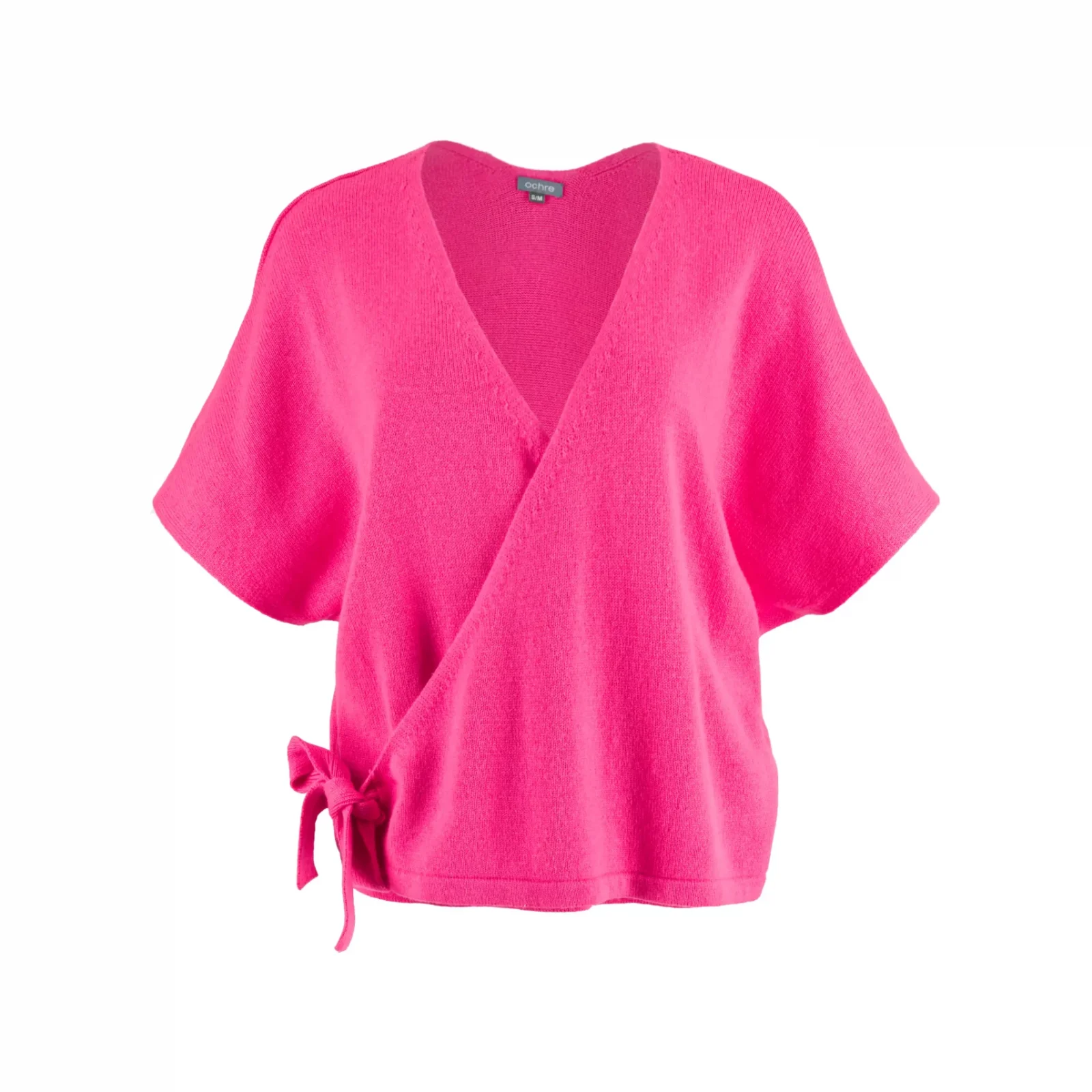 Wrap-tie-knit-top-fluro-pink-front - Ochre Knitwear wrap tie knit top with front tie detail, fluro pink colour