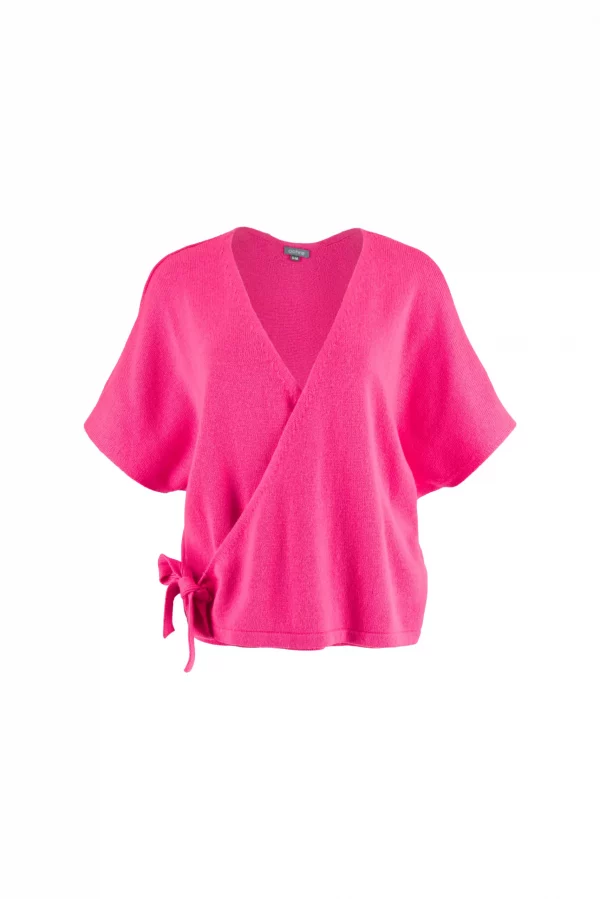 Wrap-tie-knit-top-fluro-pink-front - Ochre Knitwear wrap tie knit top with front tie detail, fluro pink colour