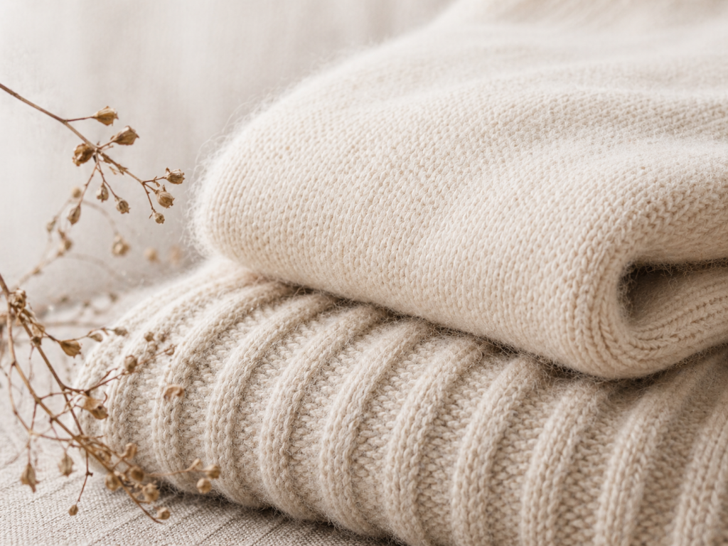 fabric and feel, soft folded cashmere and organic cotton knitwear showing texture, drape and natural warmth