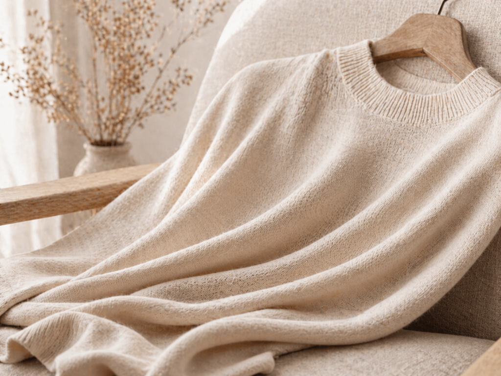 fabric and feel, soft folded cashmere and organic cotton knitwear showing texture, drape and natural warmth