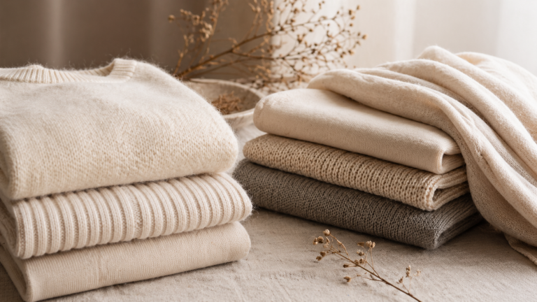 fabric and feel, soft folded cashmere and organic cotton knitwear showing texture, drape and natural warmth