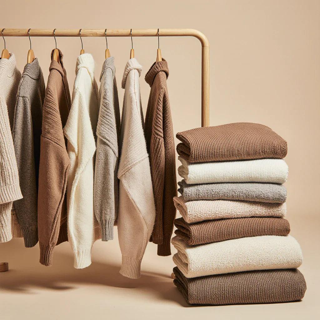 how to build a minimal cashmere wardrobe, various cashmere jumpers on rack and folded jumpers