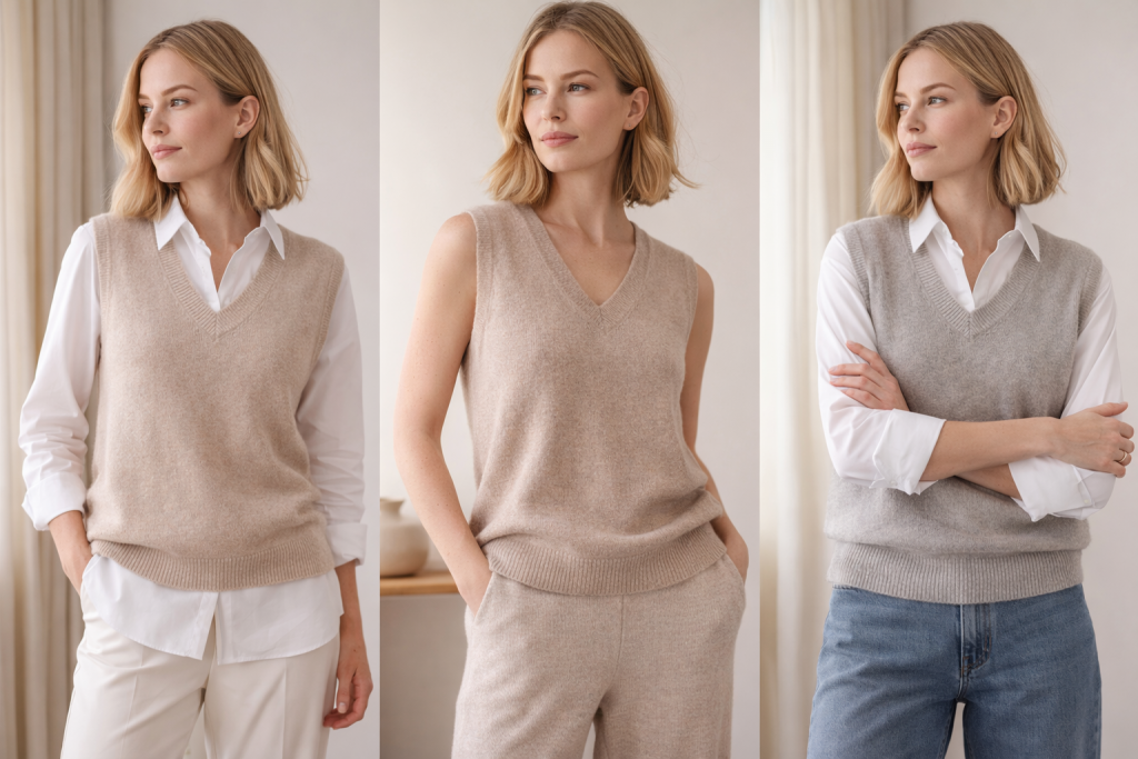 how to style a cashmere sleeveless sweater, images of one women wearing 3 types of layering