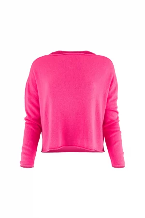 jumper with a short cut, long sleeves, in fluro pink colour, front view