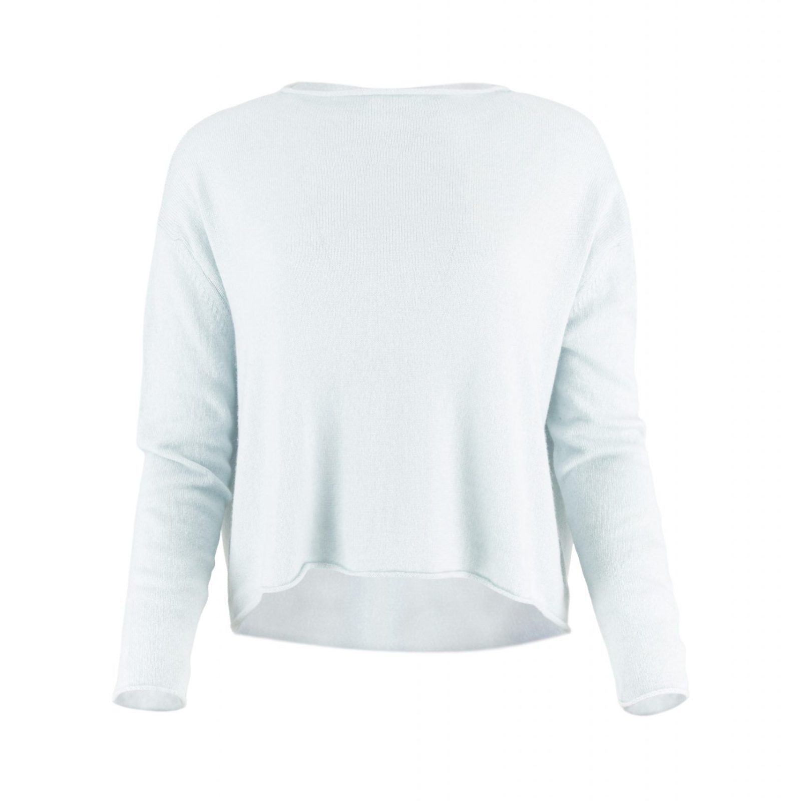 Egg-cropped-boxy-jumper-cloud-blue-front - Ochre Knitwear cropped boxy jumper in cloud blue cashmere blend with rolled neckline and relaxed long sleeves