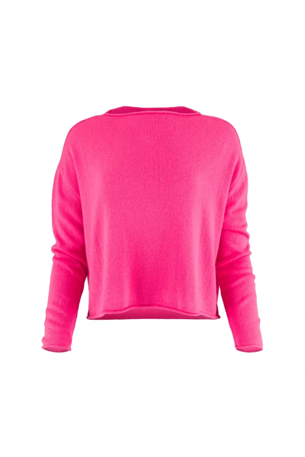 cropped boxy jumper in fluro pink cashmere blend with rolled neckline and relaxed long sleeves