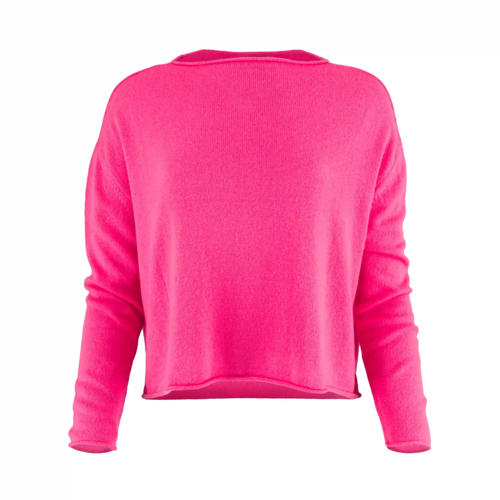 Egg-cropped-boxy-jumper-fluro-pink-front - Ochre Knitwear cropped boxy jumper in fluro pink cashmere blend with rolled neckline and relaxed long sleeves
