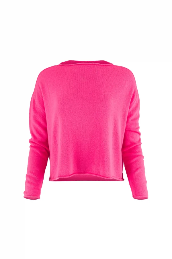 Egg-cropped-boxy-jumper-fluro-pink-front - Ochre Knitwear cropped boxy jumper in fluro pink cashmere blend with rolled neckline and relaxed long sleeves