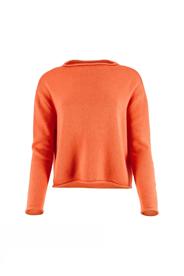 cropped boxy jumper in orange peel cashmere blend with rolled neckline and relaxed long sleeves