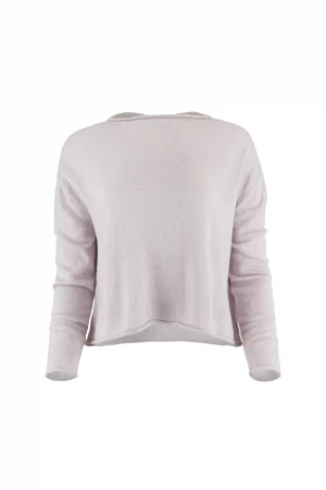 Back view of a person wearing a light pink knit sweater with a wide neckline edge visible at the shoulders
