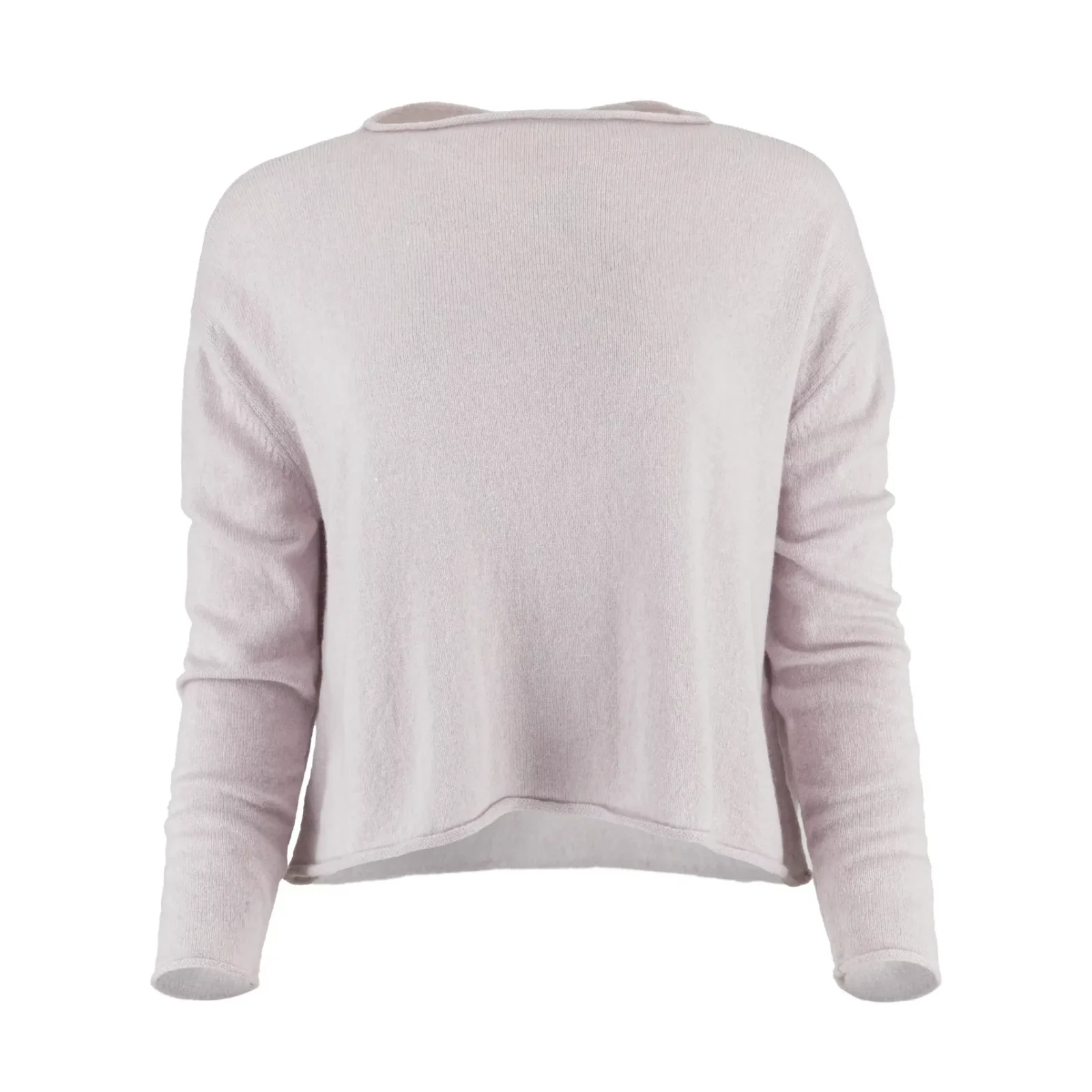 Egg-cropped-boxy-jumper-orchid-Ice-front - Ochre Knitwear Back view of a person wearing a light pink knit sweater with a wide neckline edge visible at the shoulders