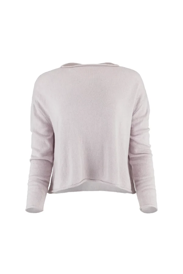 Egg-cropped-boxy-jumper-orchid-Ice-front - Ochre Knitwear Back view of a person wearing a light pink knit sweater with a wide neckline edge visible at the shoulders