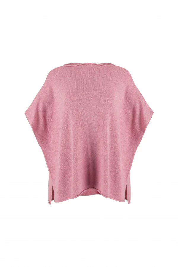 dropped sleeve cashmere blend knit gilet with curved hem front view in monet pink colour