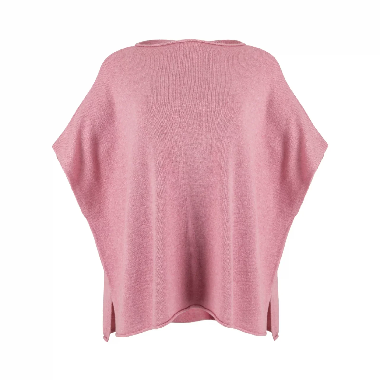 Rumi-dropped-sleeve-gilet-monet-pink-front - Ochre Knitwear dropped sleeve cashmere blend knit gilet with curved hem front view in monet pink colour