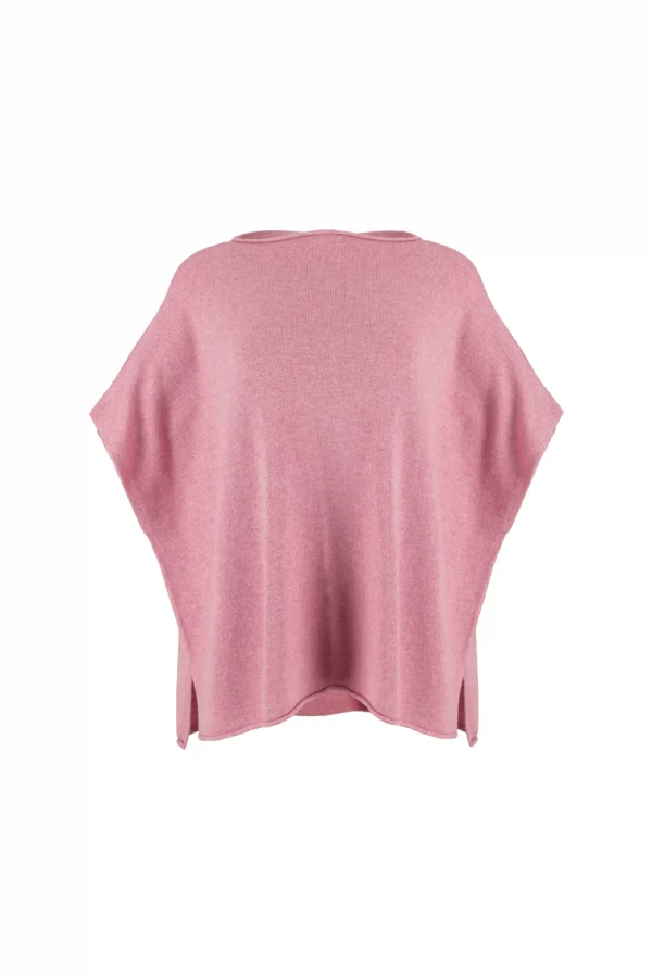 Rumi-dropped-sleeve-gilet-monet-pink-front - Ochre Knitwear dropped sleeve cashmere blend knit gilet with curved hem front view in monet pink colour