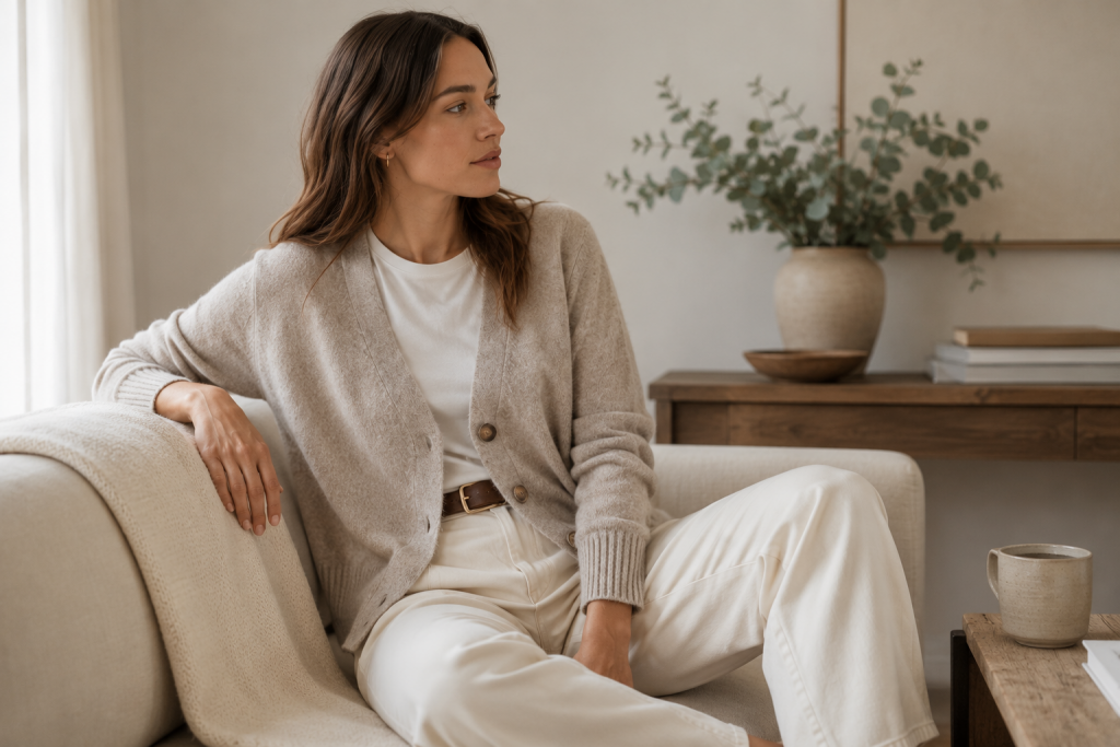 Woman wearing a cashmere blend cardigan styled for a quiet luxury outfit.