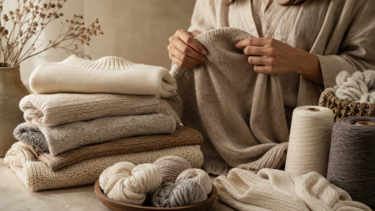 Person knitting a beige sweater, surrounded by folded knits and balls of yarn in warm tones.