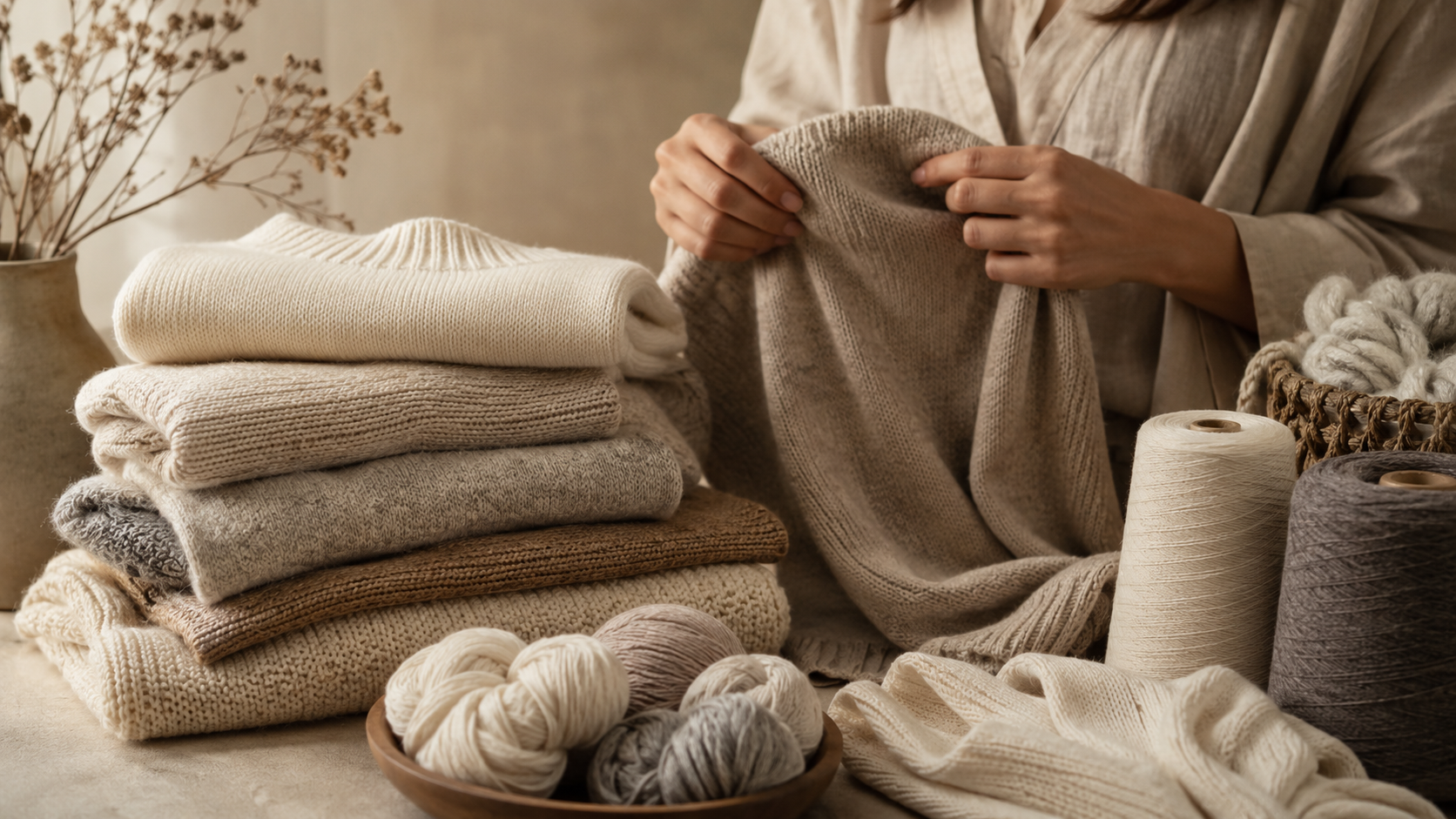 Person knitting a beige sweater, surrounded by folded knits and balls of yarn in warm tones.
