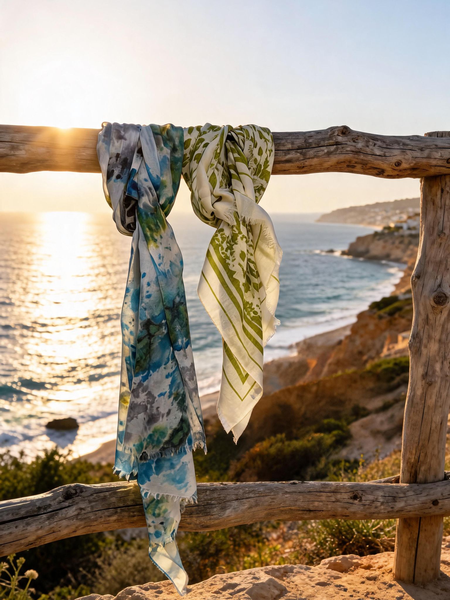 Two Ochre Knitwear scarves by the coast