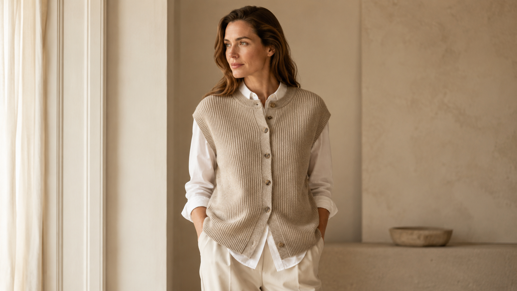 Woman layering a knitted gilet over a shirt for quiet luxury sleeveless knitwear styling.