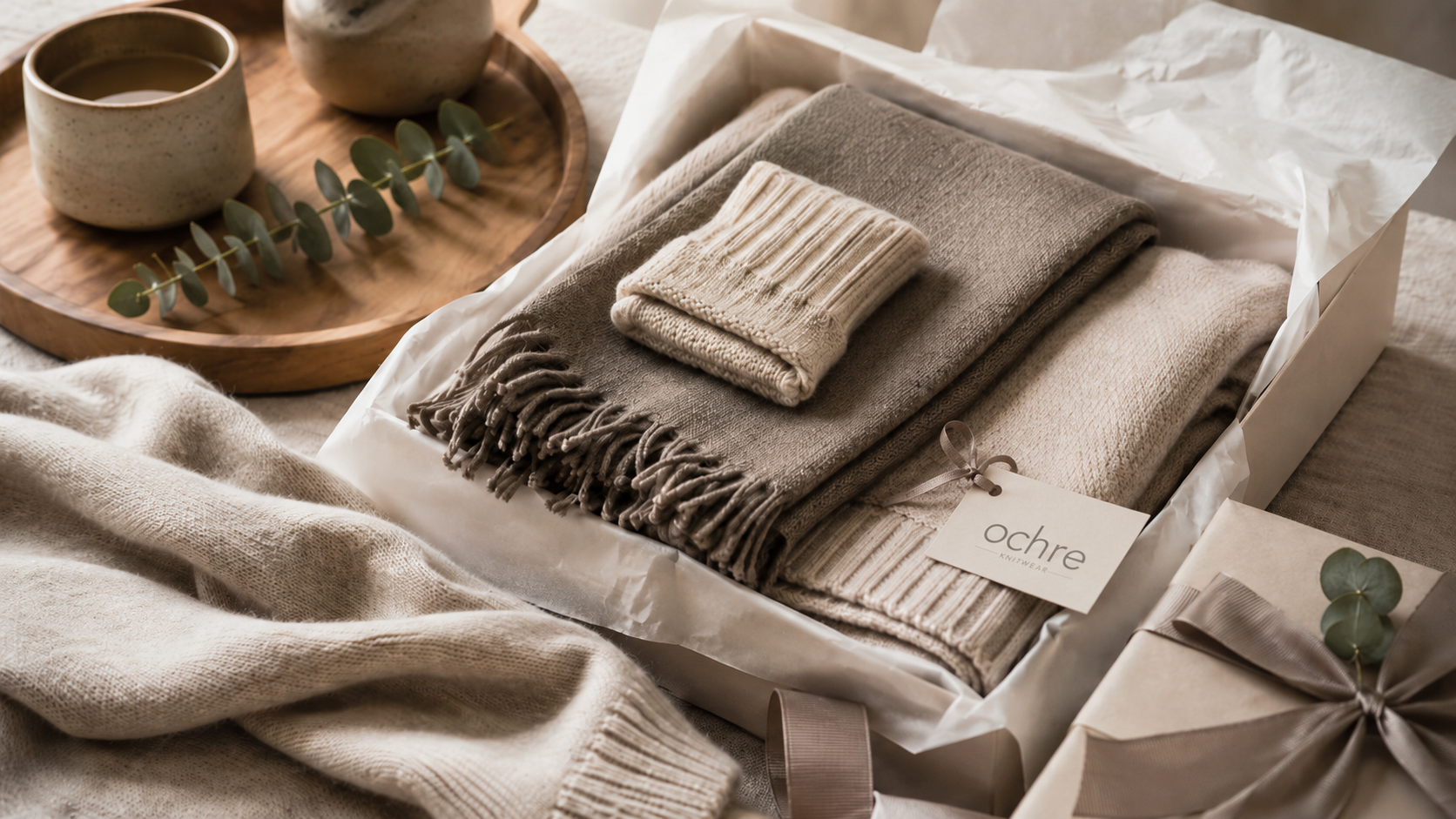 Luxury knitwear gift guide with cashmere wrap and natural fibre accessories arranged as thoughtful sustainable fashion gifts.
