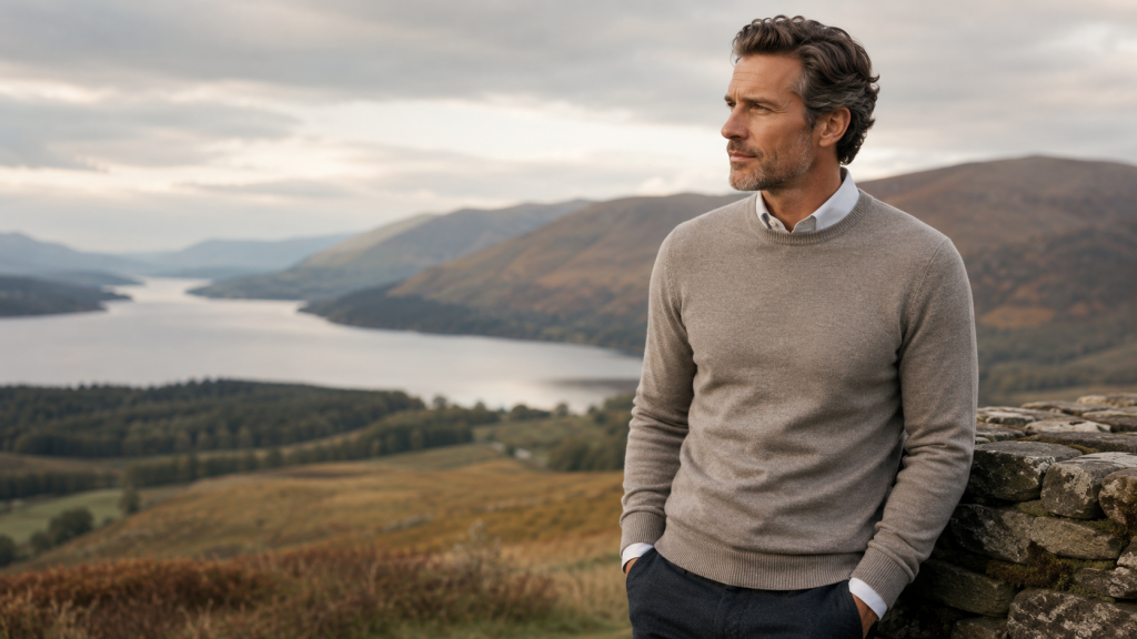 Man wearing a refined merino wool jumper as part of quiet luxury menswear layering.