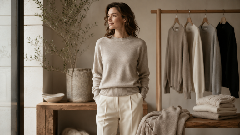 Woman wearing a soft neutral jumper as part of a natural fibre knitwear capsule wardrobe.