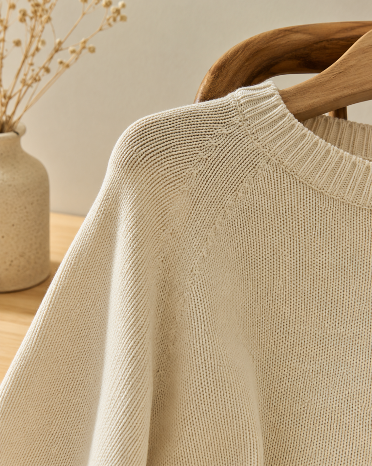 organic cotton knitwear for transitional weather, hanged cotton jumper