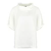 Harris-linen-funnel-neck-top-ivory-front-view - Ochre Knitwear linen funnel neck top in ivory organic linen with folded collar and short sleeves, front view