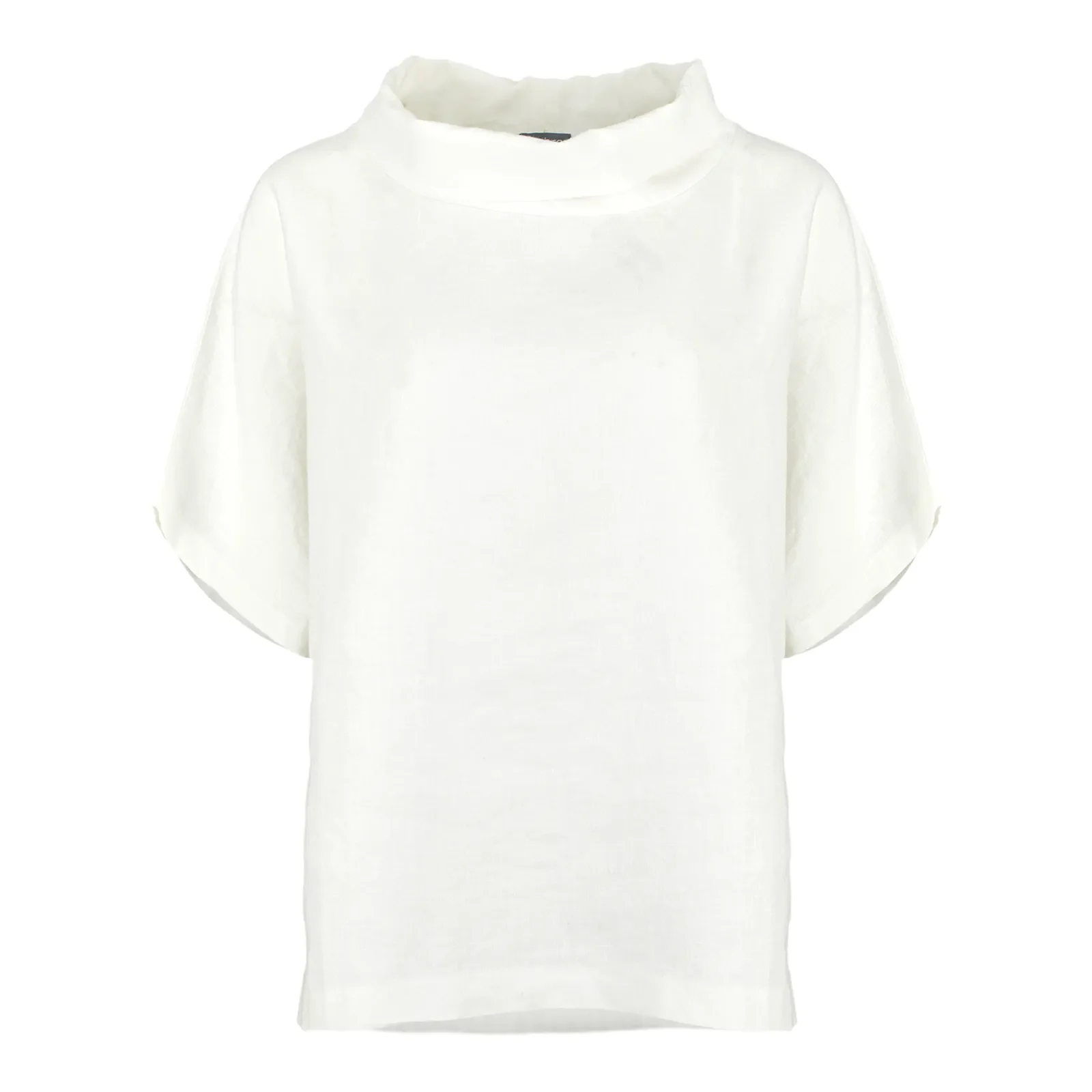 linen funnel neck top in ivory organic linen with folded collar and short sleeves, front view