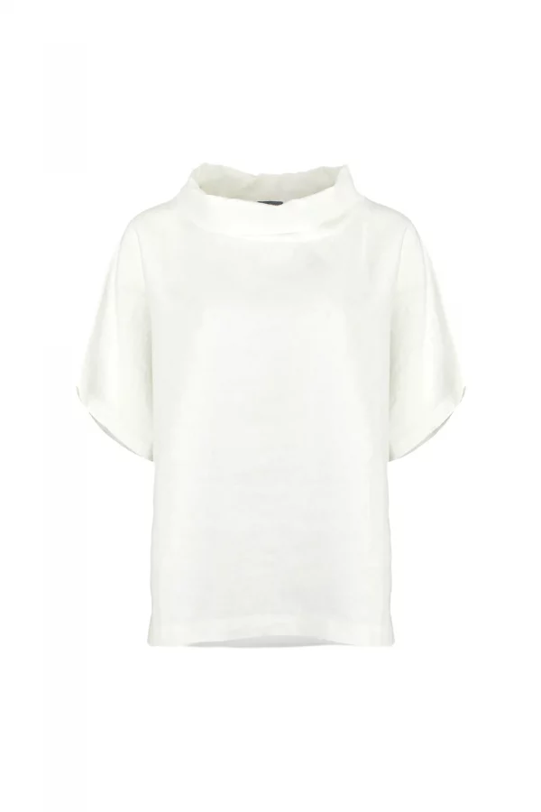 Harris-linen-funnel-neck-top-ivory-front-view - Ochre Knitwear linen funnel neck top in ivory organic linen with folded collar and short sleeves, front view