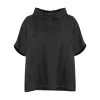 Harris-linen-funnel-neck-top-black-front-view - Ochre Knitwear linen funnel neck top in black organic linen with folded collar and short sleeves, front view