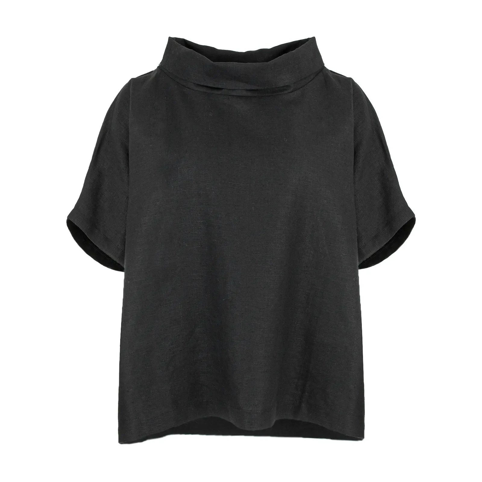 linen funnel neck top in black organic linen with folded collar and short sleeves, front view