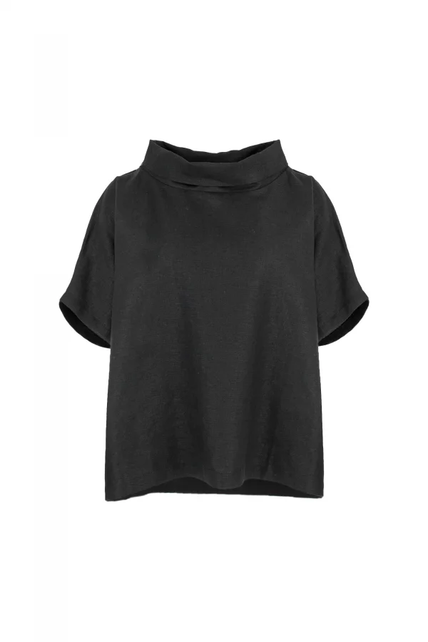 Harris-linen-funnel-neck-top-black-front-view - Ochre Knitwear linen funnel neck top in black organic linen with folded collar and short sleeves, front view
