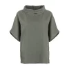 Harris-linen-funnel-neck-top-fir-green-front-view - Ochre Knitwear linen funnel neck top in fir green organic linen with folded collar and short sleeves, front view