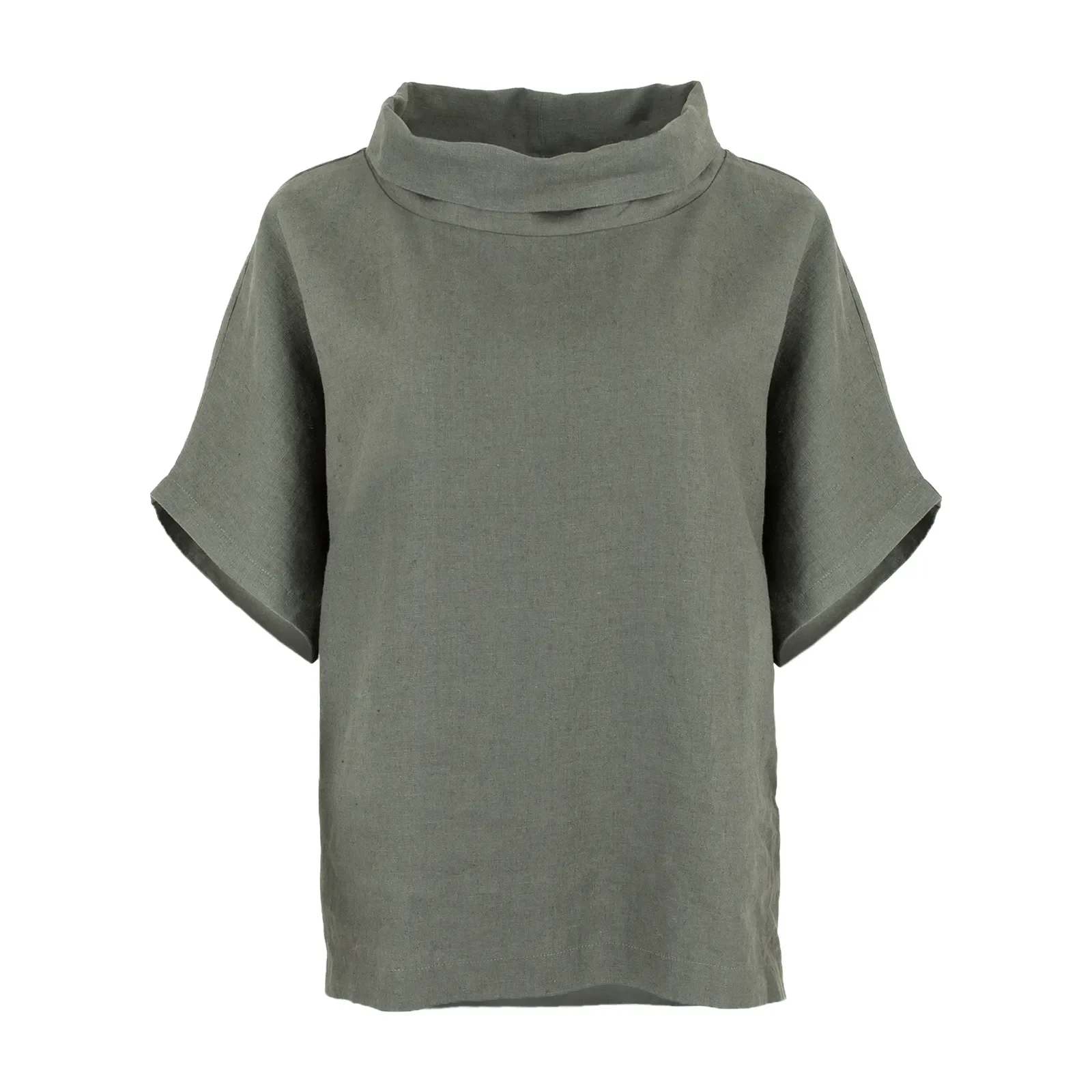 linen funnel neck top in fir green organic linen with folded collar and short sleeves, front view
