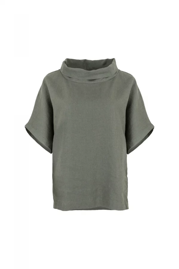 Harris-linen-funnel-neck-top-fir-green-front-view - Ochre Knitwear linen funnel neck top in fir green organic linen with folded collar and short sleeves, front view