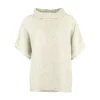 Harris-linen-funnel-neck-top-natural-colour-front-view - Ochre Knitwear linen funnel neck top in natural colour, organic linen with folded collar and short sleeves, front view
