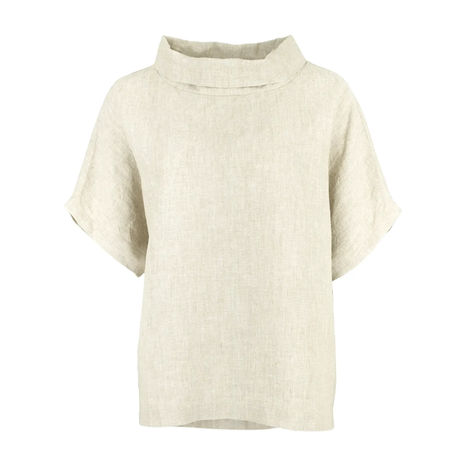 linen funnel neck top in natural colour, organic linen with folded collar and short sleeves, front view