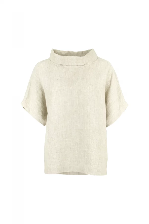 Harris-linen-funnel-neck-top-natural-colour-front-view - Ochre Knitwear linen funnel neck top in natural colour, organic linen with folded collar and short sleeves, front view