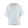 Harris-linen-funnel-neck-top-pale-blue-colour-front-view - Ochre Knitwear linen funnel neck top in pale blue colour, organic linen with folded collar and short sleeves, front view