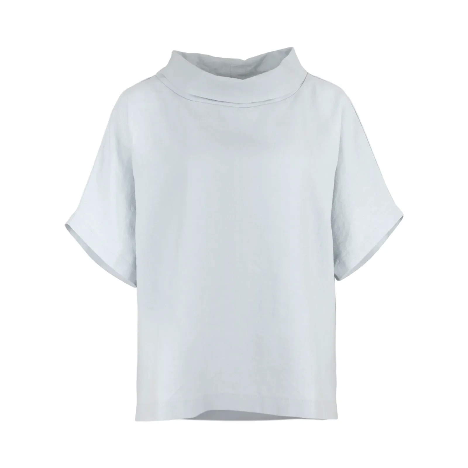 linen funnel neck top in pale blue colour, organic linen with folded collar and short sleeves, front view