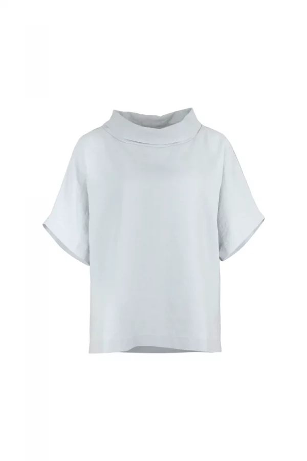 Harris-linen-funnel-neck-top-pale-blue-colour-front-view - Ochre Knitwear linen funnel neck top in pale blue colour, organic linen with folded collar and short sleeves, front view