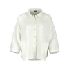 Iona-ivory-linen-shirt-jacket-ivory colour-front-view - Ochre Knitwear linen shirt jacket in 100% organic linen with six buttons, patch pockets, dropped shoulders and cropped boxy shape in ivory colour, front view