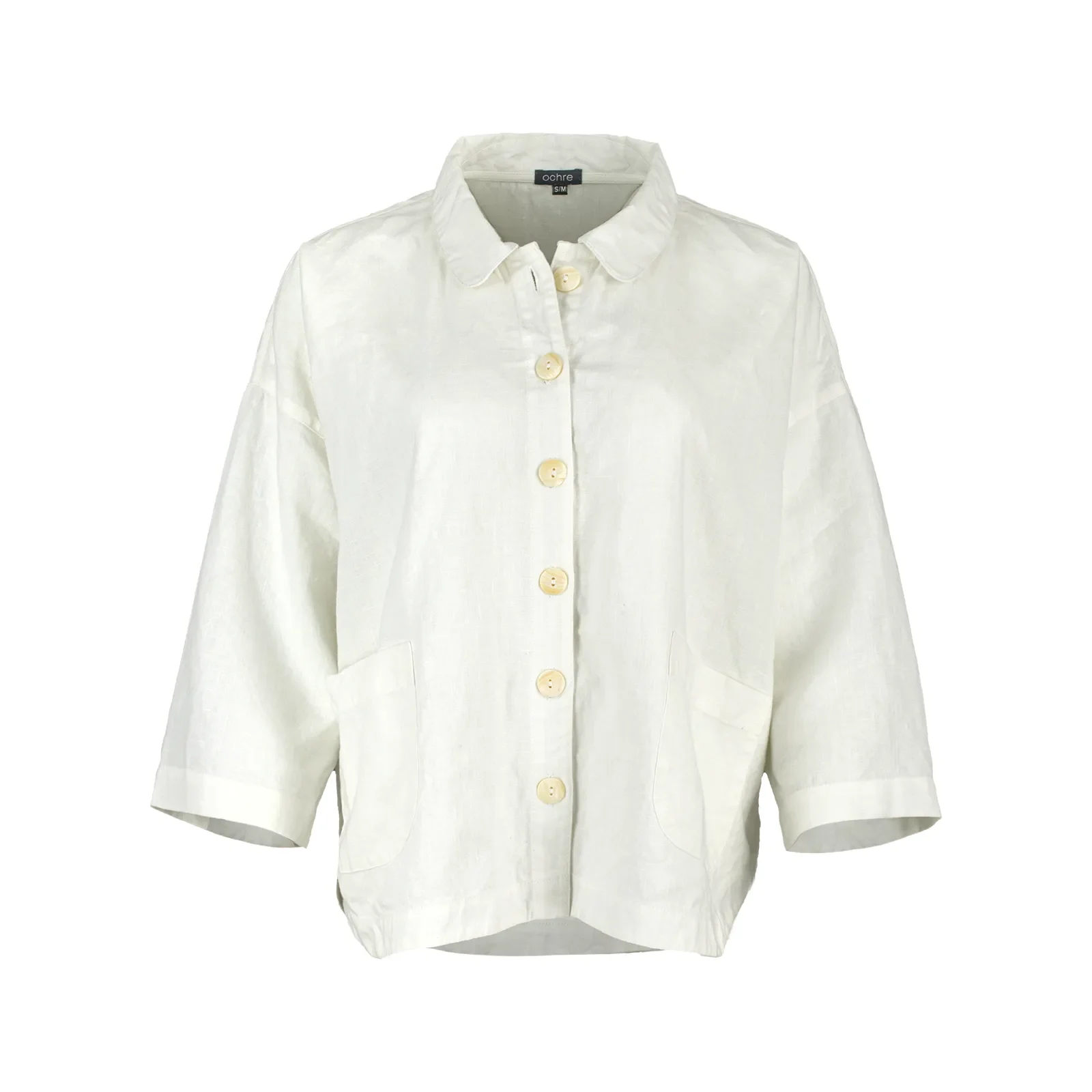 Iona-ivory-linen-shirt-jacket-ivory colour-front-view - Ochre Knitwear linen shirt jacket in 100% organic linen with six buttons, patch pockets, dropped shoulders and cropped boxy shape in ivory colour, front view
