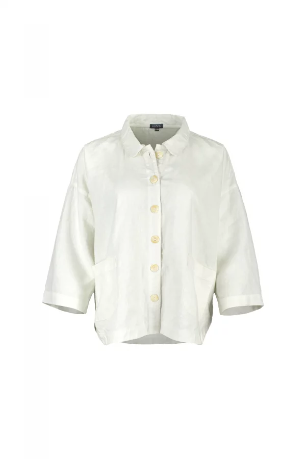 Iona-ivory-linen-shirt-jacket-ivory colour-front-view - Ochre Knitwear linen shirt jacket in 100% organic linen with six buttons, patch pockets, dropped shoulders and cropped boxy shape in ivory colour, front view