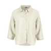 Iona-linen-shirt-jacket-natural-colour-front-view - Ochre Knitwear linen shirt jacket in 100% organic linen with six buttons, patch pockets, dropped shoulders and cropped boxy shape in natural colour, front view